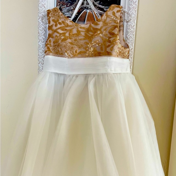 girls ivory holiday dress Cap Sleeves Lace Champagne Tulle Wedding Flower Girl Dress 4T